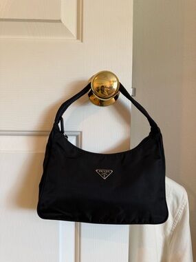 Prada Black Nylon Shoulder Hobo with Silver Triangle Logo